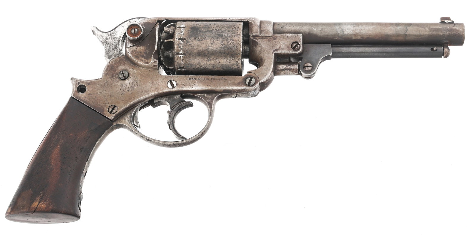 STARR ARMS MODEL 1858 44 CALIBER DA REVOLVER: STARR ARMS MODEL 1858 44 CALIBER DA REVOLVER Starr Arms Model 1858 .44 caliber double action revolver. Smooth six-shot cylinder. Blued finish. Wood grips. Caliber / Gauge: 44 | Barrel Length: 6" | Ser