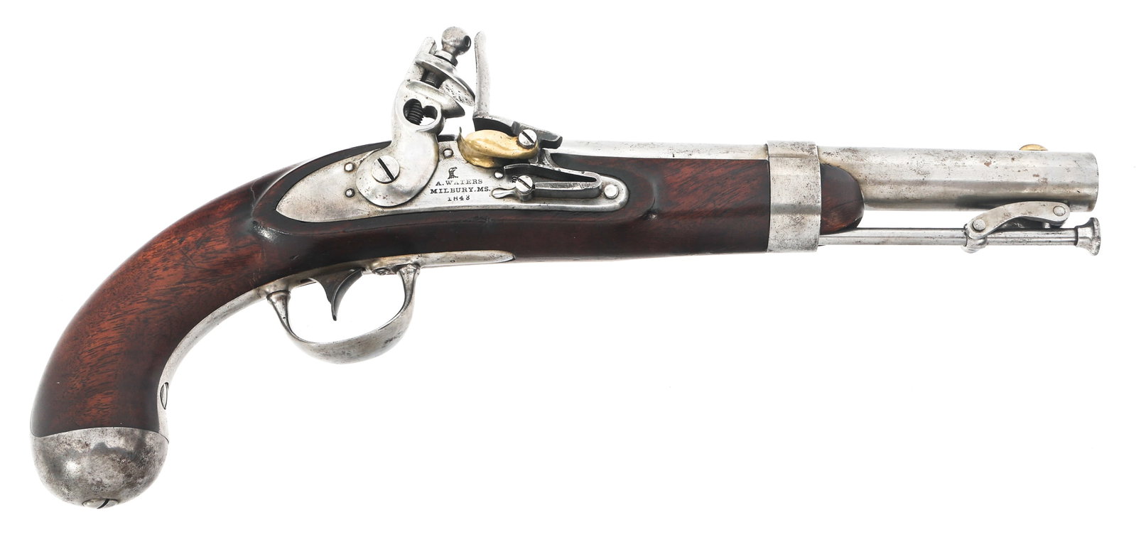 1843 A. WATERS MODEL 1836 .54 CAL FLINTLOCK PISTOL: 1843 A. WATERS MODEL 1836 .54 CAL FLINTLOCK PISTOL 1843 A. Waters US Model 1836 .54 caliber flintlock pistol. Lock plate stamped Eagle head / A. Waters Milbury, MS / 1843 and S. Barrel stamped US / NW