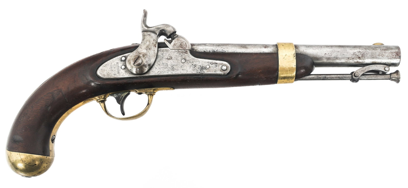 ASTON & CO MODEL 1842 .54 CAL PERCUSSION PISTOL: ASTON & CO MODEL 1842 .54 CAL PERCUSSION PISTOL 1851 H. Aston & Co. Model 1842 .54 caliber percussion pistol. Lockplate stamped "US H. Aston & Co. 1851". Barrel stamped with inspector Walter North WN 