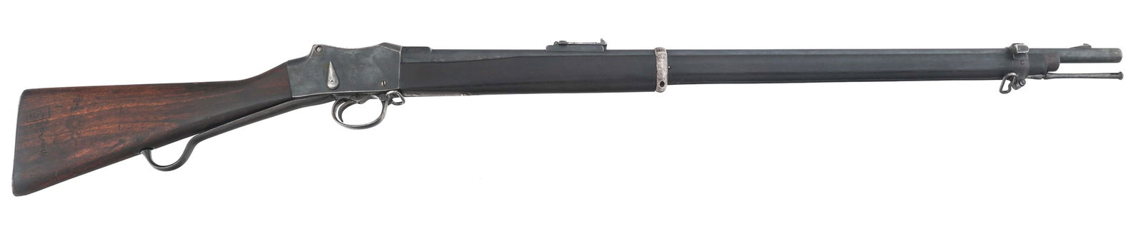 BRITISH MARTINI HENRY MK IV 1 LONG LEVER 455 RIFLE: BRITISH MARTINI HENRY MK IV 1 LONG LEVER 455 RIFLE British Martini Henry Mk. IV .I long lever falling block .455 caliber single shot Enfield rifle. Receiver stamped Crown / V.R. / Enfield / 1887 / IV