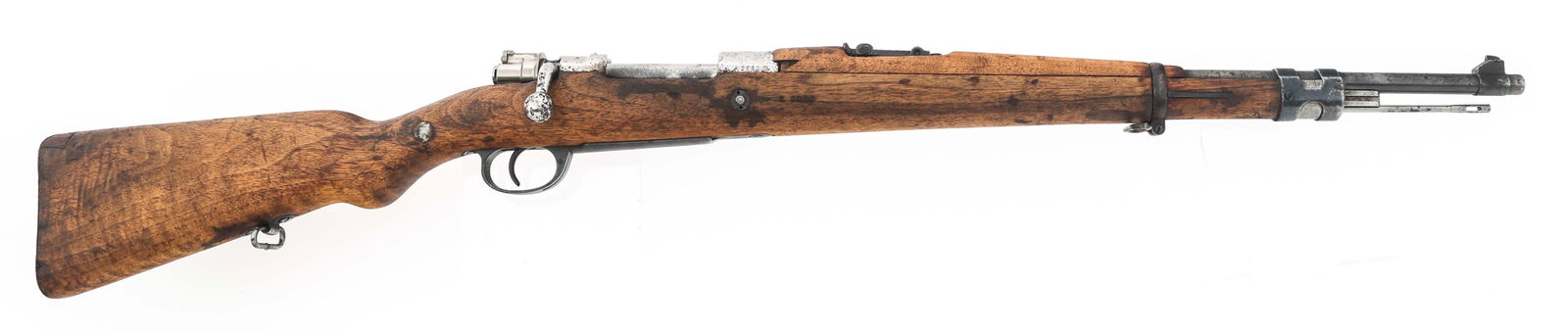 ARGENTINIAN DWM MAUSER MODEL 1909 7.65x53mm RIFLE: ARGENTINIAN DWM MAUSER MODEL 1909 7.65x53mm RIFLE Argentinian DWM Mauser Model 1909 7.65x53mm caliber bolt action rifle. Blade front sight. Adjustable rear sight. Top of receiver stamped Argentinian C