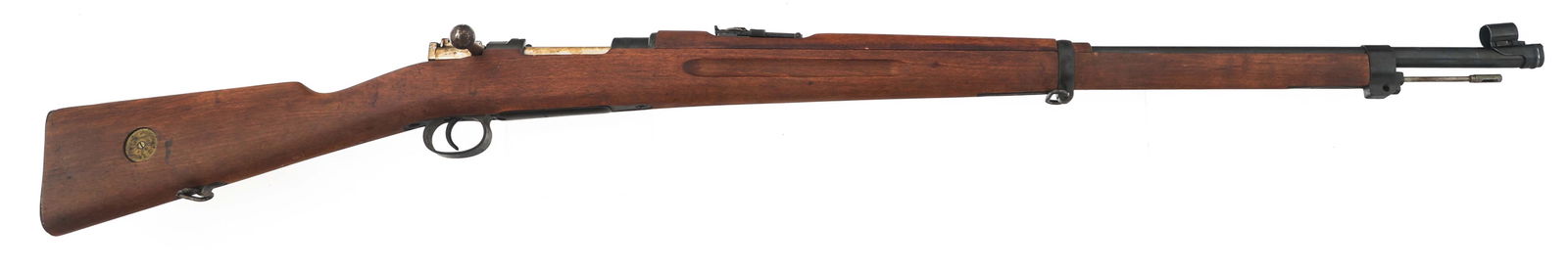 1914 SWEDISH GUSTAFS MODEL 1896 6.5mm CAL RIFLE: 1914 SWEDISH GUSTAFS MODEL 1896 6.5mm CAL RIFLE 1914 Swedish Gustafs Model 1896 6.5x55mm caliber bolt action Mauser rifle. CAI import mark. Hooded front sight. Adjustable rear sight. Top of receiver s