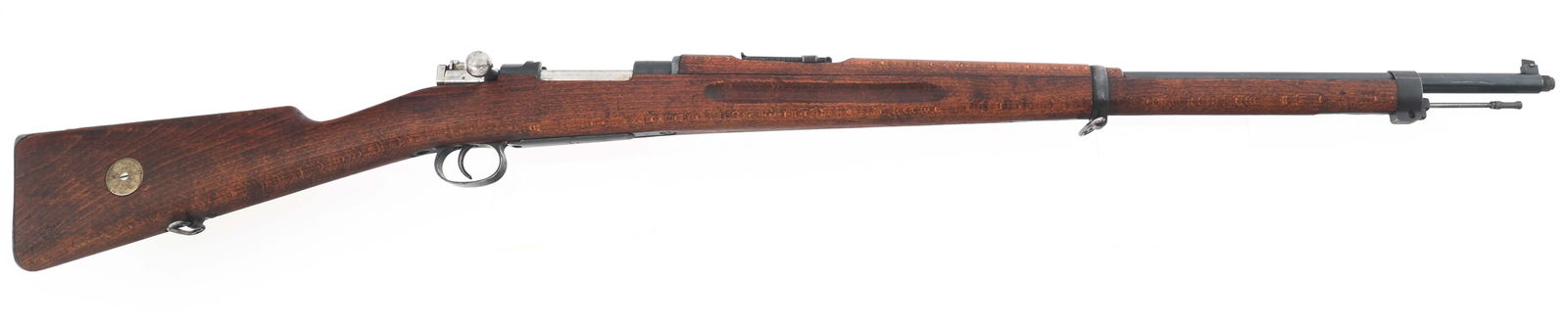 1925 SWEDISH GUSTAFS MDOEL 1896 6.5x55mm RIFLE: 1925 SWEDISH GUSTAFS MDOEL 1896 6.5x55mm RIFLE 1925 Swedish Gustafs Model 1896 6.5x55mm caliber bolt action Mauser rifle. CAI import mark. Blade front sight. Adjustable rear sight. Top of receiver sta
