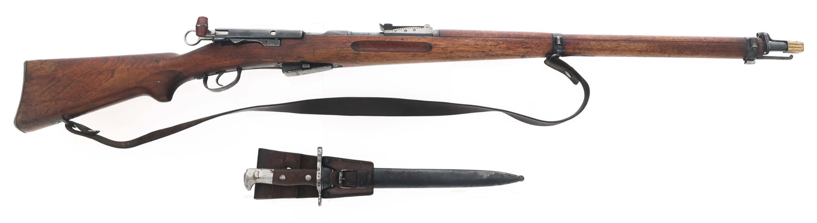 SWISS BERN MODEL 1911 7.5x55mm CAL RIFLE: SWISS BERN MODEL 1911 7.5x55mm CAL RIFLE Swiss Bern Model 1911 7.5x55mm caliber bolt action Schmidt-Rubin rifle. Blued finish. Blade front sight. Adjustable rear sight. Serial numbers match on barrel,