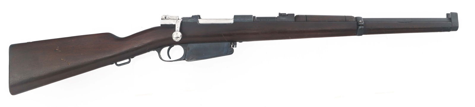 ARGENTINIAN DWM MODEL 1891 7.65mm CALIBER CARBINE: ARGENTINIAN DWM MODEL 1891 7.65mm CALIBER CARBINE Argentinian DWM Model 1891 7.65x53mm caliber bolt action Mauser carbine. B West import mark. Protected blade front sight. Adjustable rear sight. Argen