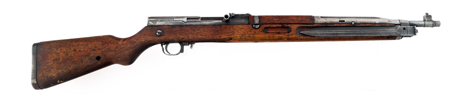 1956 CZ vz 52 7.62x45mm CALIBER SEMI AUTO RIFLE: 1956 CZ vz 52 7.62x45mm CALIBER SEMI AUTO RIFLE Czechoslovakian CZ vz. 52 7.62x45mm caliber semi-automatic rifle. Blade front sight. Adjustable rear sight. Left receiver stamped she / 007 56. Wood sto