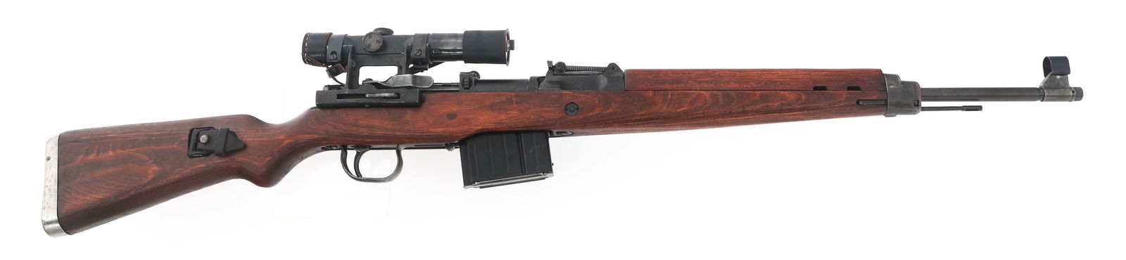 WWII GERMAN WALTHER G43 7.92x57mm SNIPER RIFLE: WWII GERMAN WALTHER G43 7.92x57mm SNIPER RIFLE WWII German Walther G43 7.92x57mm caliber sniper rifle. Hooded front sight. Adjustable rear sight. Receiver stamped Walther code ac. Wood stock. Steel bu