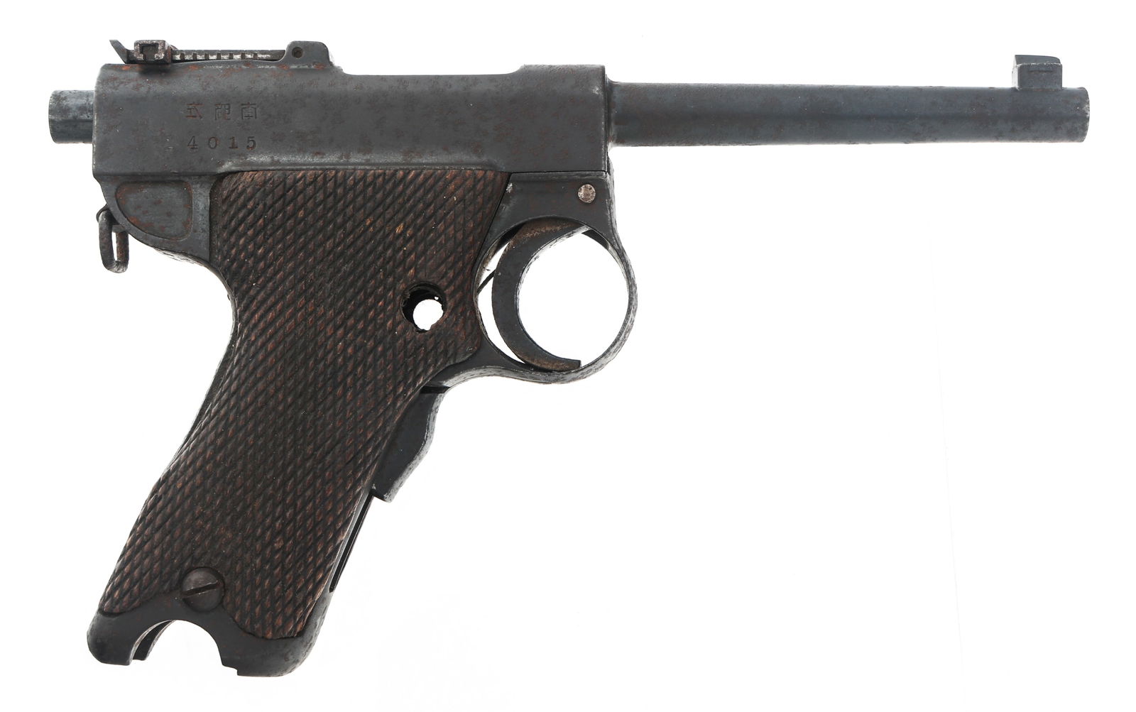WWII JAPANESE TYPE A NAMBU FOR PARTS OR REPAIR: WWII JAPANESE TYPE A NAMBU FOR PARTS OR REPAIR WWII Japanese Tokyo Arsenal "Papa" Nambu Type A 8mm caliber pistol for parts or repair. No import marks. Bolt numbered 3974. Checkered wood grips. Calibe
