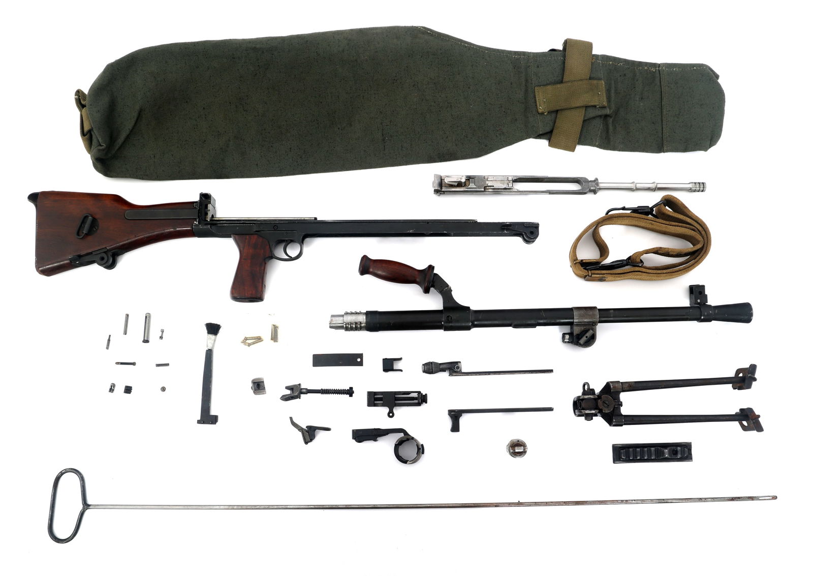 BRITISH BREN MACHINE GUN SPARE PARTS AND BARREL: BRITISH BREN MACHINE GUN SPARE PARTS AND BARREL British BREN spare parts and barrel. .303 caliber barrel numbered 41080 and dated 1 44. Parts include lower receiver with stock, piston, bipod, gas bloc