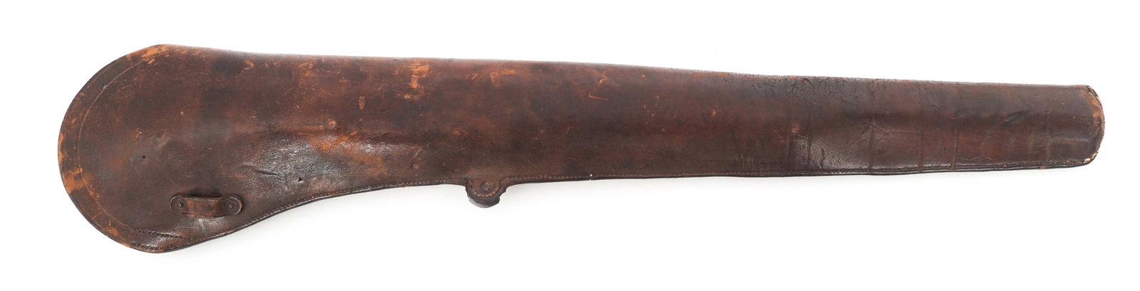 ROCK ISLAND ARSENAL LEATHER RIFLE SCABBARD: ROCK ISLAND ARSENAL LEATHER RIFLE SCABBARD Brown leather rifle scabbard. Stamped "13 Cav," "50," and "Rock Island Arsenal T.C." on back. Initials RS under loop. Saddle loops on both sides. Size / Gaug