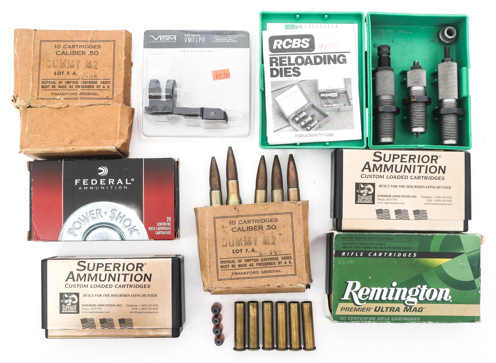AMMUNITION RELOADING DIES, CASINGS, & ACCESSORIES: AMMUNITION RELOADING DIES, CASINGS, & ACCESSORIES RCBS .45-70 reloading die set. Empty rifle casings of other calibers. VISM 1" ring mount for flashlights and lasers. Metal ammo can.