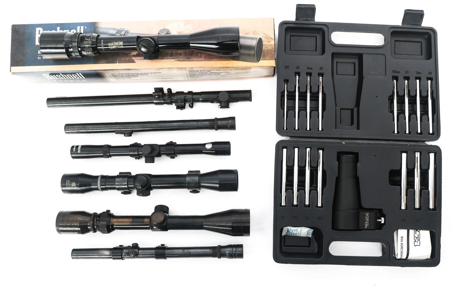 RIFLE SCOPES - TASCO, BUSHNELL, HIGGINS, & MORE: RIFLE SCOPES - TASCO, BUSHNELL, HIGGINS, & MORE Rifle scopes. A) J.C. Higgins 4x scope with fine crosshair reticle. B) Pine Ridge 3-9x40 with Duplex reticle. C) C to C 4x32 scope with Fine crosshair r