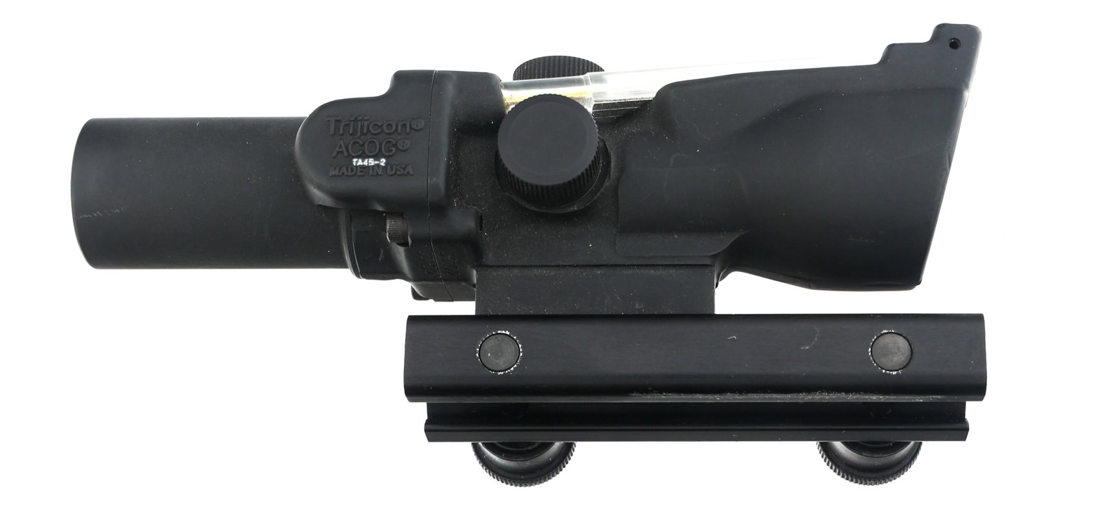 TRIJICON ACCUPOINT TA45-2 1.5x24 ACOG RIFLE SCOPE: TRIJICON ACCUPOINT TA45-2 1.5x24 ACOG RIFLE SCOPE Trijicon AccuPoint TA45-2 1.5x24mm ACOG rifle scope. Triangle reticle. 8 MOA dot. Cover. Size / Gauge: 1.5x24mm