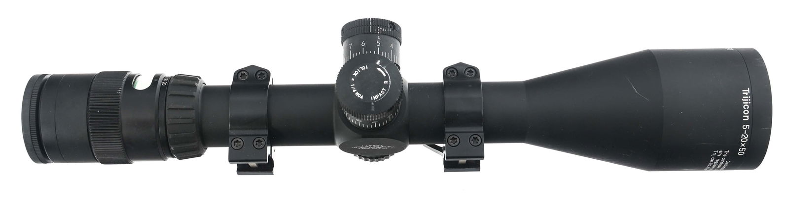 TRIJICON ACCUPOINT TR23 5-20x50mm RIFLE SCOPE: TRIJICON ACCUPOINT TR23 5-20x50mm RIFLE SCOPE Trijicon AccuPoint TR23 5-20x50mm rifle scope. Scope rings. MIL-DOT crosshair reticle. Lens covers. Size / Gauge: 5-20x50mm