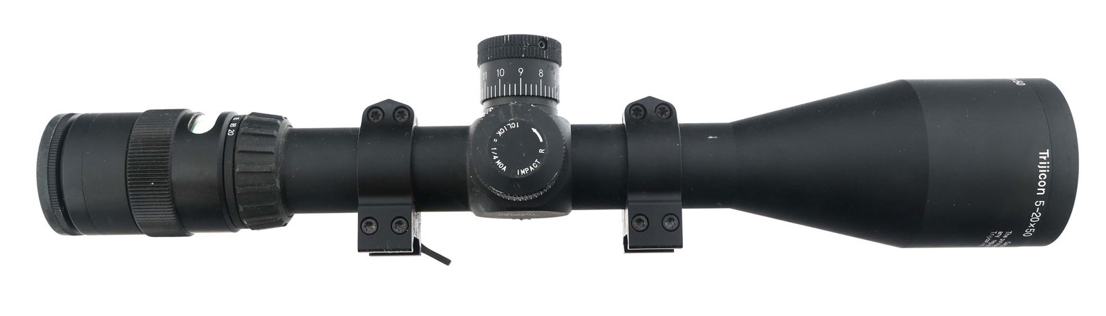 TRIJICON ACCUPOINT TR23-2G 5-20x50 RIFLE SCOPE: TRIJICON ACCUPOINT TR23-2G 5-20x50 RIFLE SCOPE Trijicon AccuPoint Model TR23-2 G5-20x50mm rifle scope. Matte black finish. MIL-DOT crosshair reticle. Scope rings. Lens covers. Size / Gauge: 5-20x50mm