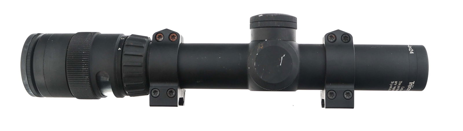 TRIJICON ACCUPOINT TR24 1-4x24mm RIFLE SCOPE: TRIJICON ACCUPOINT TR24 1-4x24mm RIFLE SCOPE Trijicon AccuPoint TR24 1-4x24mm rifle scope. Scope rings. Triangle post reticle. Lens covers. Size / Gauge: 1-4x24mm