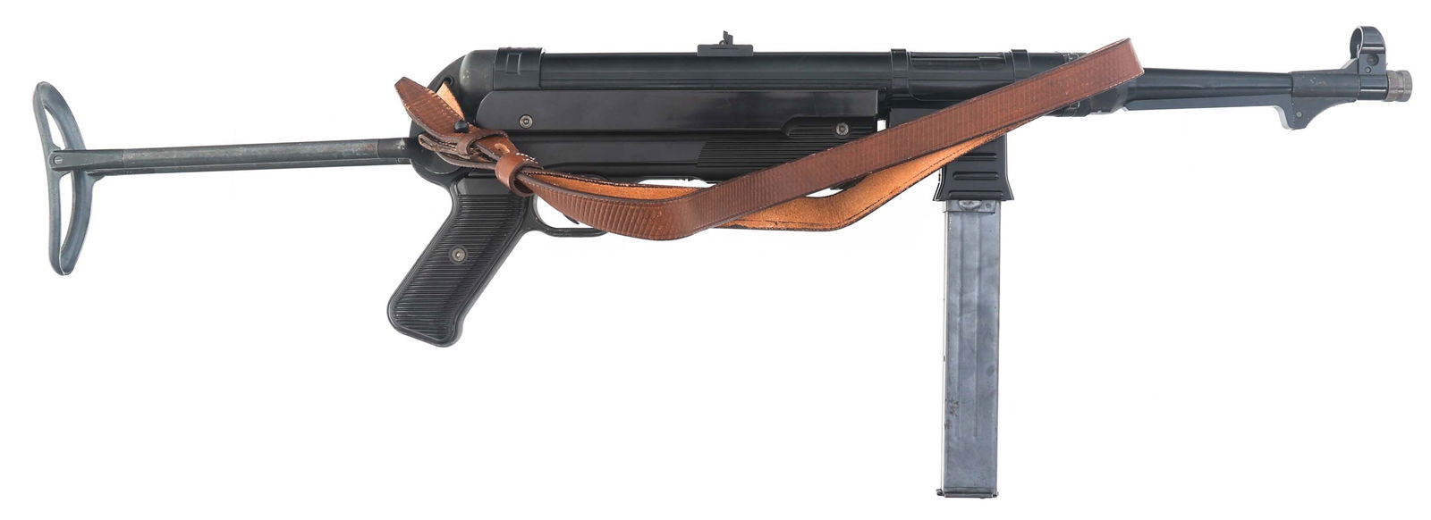 MARUSHIN MP40 SUBMACHINE GUN MODEL: MARUSHIN MP40 SUBMACHINE GUN MODEL Marushin MP40 submachine gun model. Receiver ring stamped MP40 ayf 40 Marushin. Bolt, trigger, magazine, and folding stock functional. Barrel has been blocked. Metal