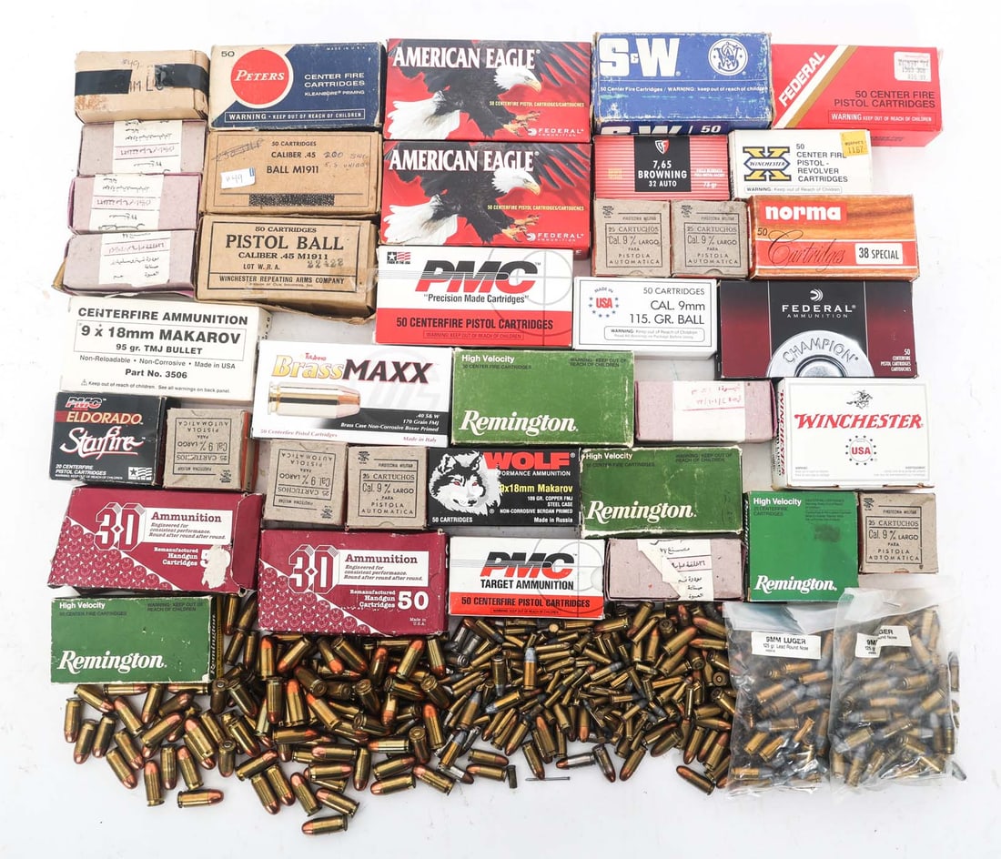 AMMUNITION HANDGUN CALIBERS 52 POUNDS TGW: AMMUNITION HANDGUN CALIBERS 52 POUNDS TGW 52 Pounds total gross weight of mixed handgun ammunition. Federal, American Eagle, PMC, Smith & Wesson and more. 9mm, .45ACP, .380 ACP, .40 S&W and more. Weig