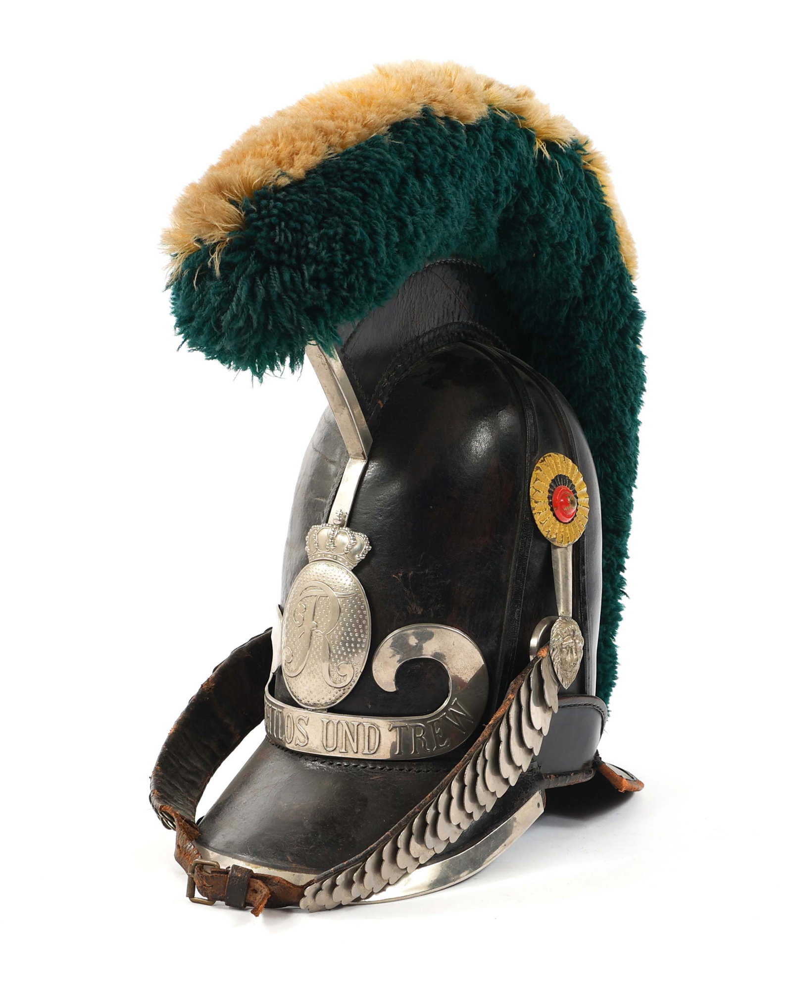 LATE 19th C. IMPERIAL GERMAN DRAGOON NCO HELMET: LATE 19th C. IMPERIAL GERMAN DRAGOON NCO HELMET Late 19th C. Imperial German 26th (2nd W?rttemberg) Dragoons "King" Regiment Unteroffizier Helmet. Leather construction with green and white thread comb