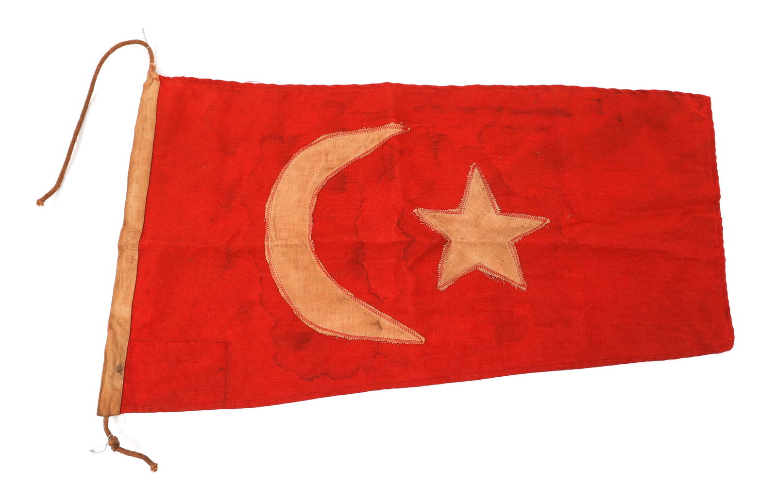 WWI OTTOMAN EMPIRE FLAG: WWI OTTOMAN EMPIRE FLAG WWI Ottoman Empire Flag. Double sided, single-piece cotton construction with sewn emblems, reinforced header, and rope. Size: 15 1/2" x 30"