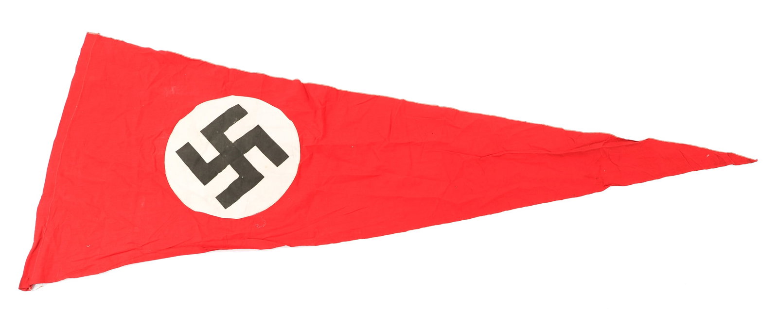 WWII GERMAN NSDAP PENNANT FLAG / BANNER: WWII GERMAN NSDAP PENNANT FLAG / BANNER WWII German NSDAP Pennant Flag/Banner. Double sided, multi-piece cotton construction with sewn on emblems. German corporate logo ink stamped on one side. Size: 