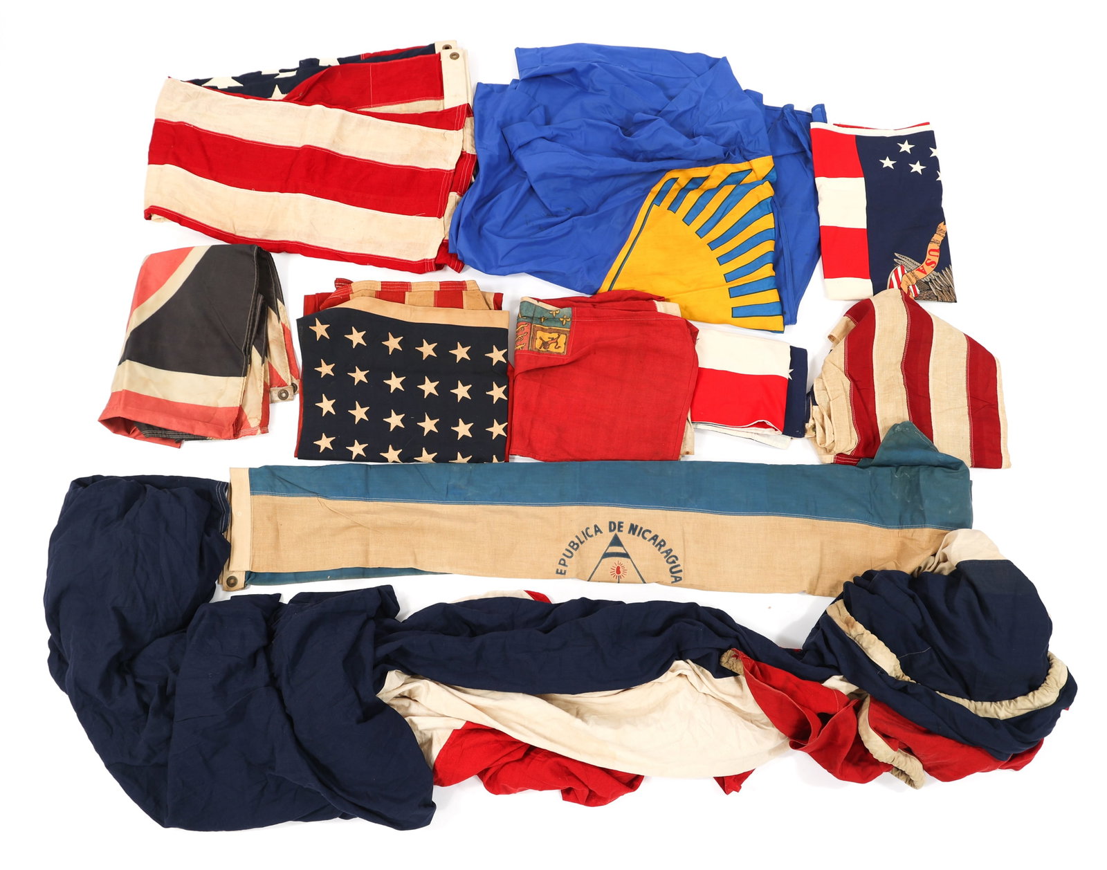WWII - CURRENT WORLD NATION & ORGANIZATION FLAGS: WWII - CURRENT WORLD NATION & ORGANIZATION FLAGS WWII - Current World Nation & Organization Flags. Includes US Flags, Nicaraguan Flag, Canadian ensign, Dutch flag, Union Jack, and more. Size:42" x 32"