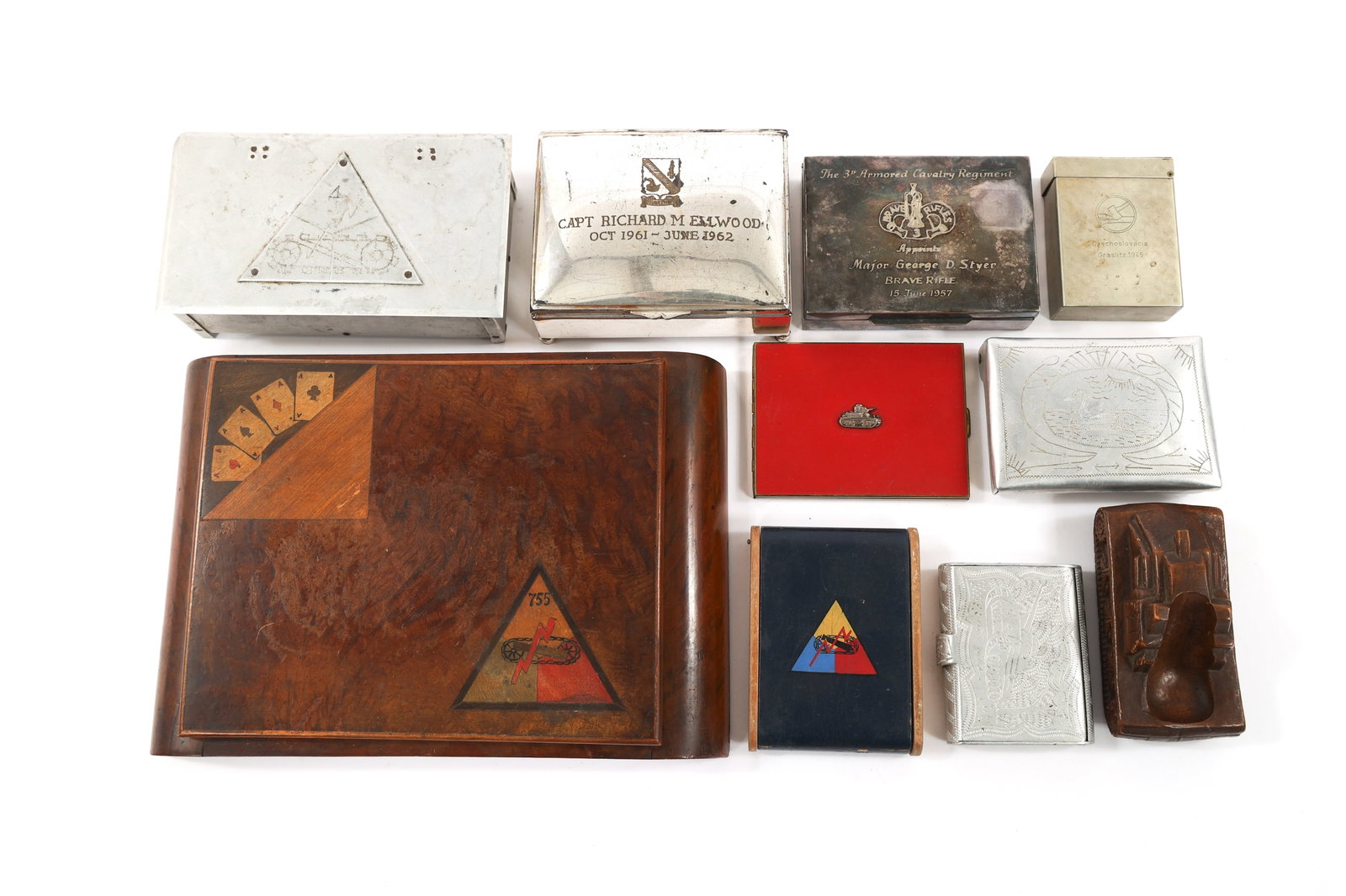 WWII - VIETNAM WAR US ARMY CIGARETTE & CIGAR BOXES: WWII - VIETNAM WAR US ARMY CIGARETTE & CIGAR BOXES WWII - Vietnam War US Army Cigarette Cases & Cigar Boxes. Includes sterling silver 3rd Armored Cavalry Regiment presentation cigar box, 755th Tank Ba