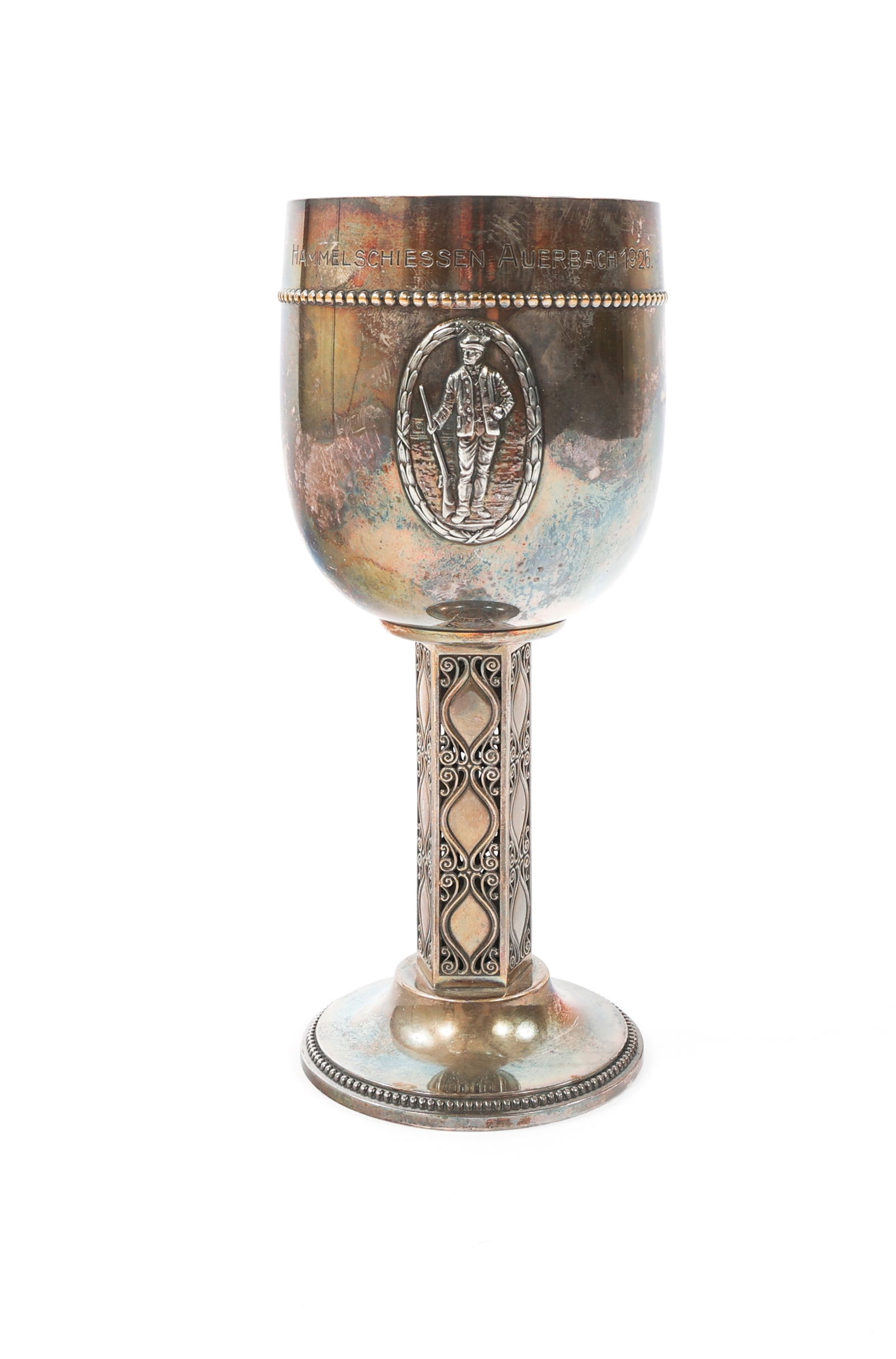 1926 GERMAN SHOOTING COMPETITION CHALICE: 1926 GERMAN SHOOTING COMPETITION CHALICE 1926 German Shooting Competition Presentation Chalice. Silver plated construction. "Hammelschiessen Auerbach 1926" engraved near the top. Inspection/proof mark