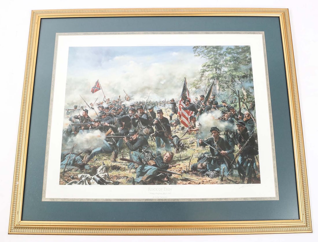 "ROCK OF ERIN" DON TROIANI SIGNED LITHOGRAPH: "ROCK OF ERIN" DON TROIANI SIGNED LITHOGRAPH Framed Civil War "Rock of Erin" Signed Lithograph by Don Troiani. Number 1216/1500. Hand signed by artist. Size: 33" x 39 1/2"