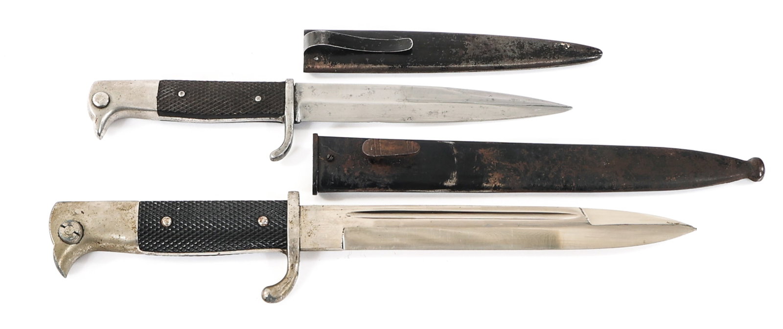 WWII GERMAN K98 DRESS BAYONET & BOOT KNIFE: WWII GERMAN K98 DRESS BAYONET & BOOT KNIFE WWII German K98 Dress Bayonet and Boot Knife. (1) K98 Dress Bayonet. Single edged, bright blade with fuller. Maker mark of F.W. Holler on the ricasso. Nickel