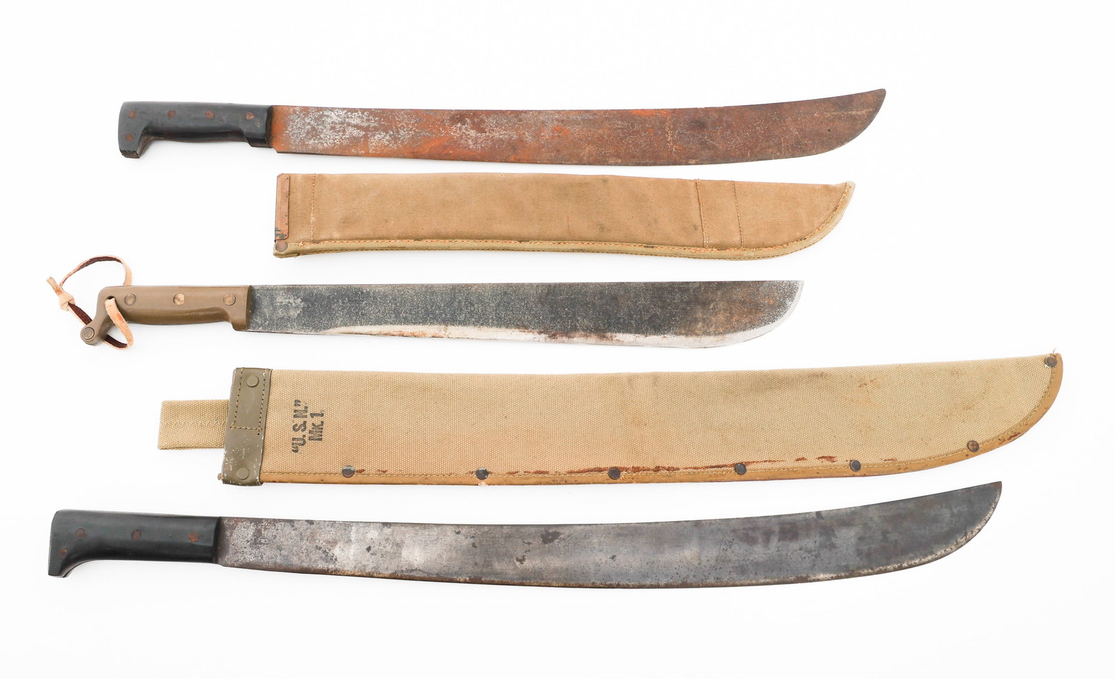 WWII US ARMED FORCES MACHETES: WWII US ARMED FORCES MACHETES WWII US Armed Forces Machetes. (1) Collins & Co No. 23 Machete. Single edged, blued blade. Maker marked by Collins & Co. near the handle. Black composite handle. US Navy