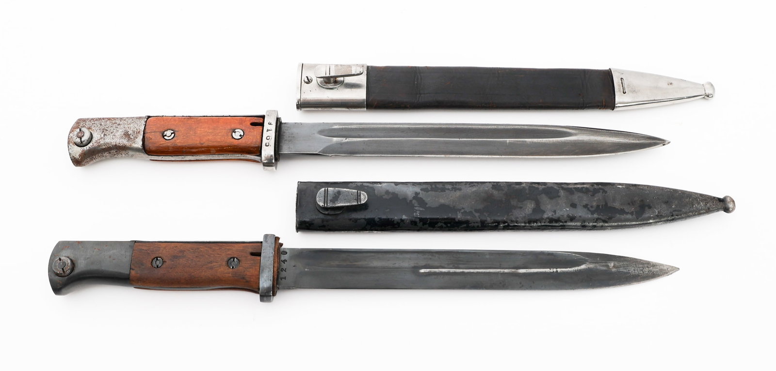 WWII GERMAN & SPANISH K98 BAYONETS: WWII GERMAN & SPANISH K98 BAYONETS WWII German & Spanish K98 Bayonets. (1) German K98 Bayonet. Single edged, blued blade with fuller. "S.178 G" and serial number stamped on the ricasso. Leather buffer