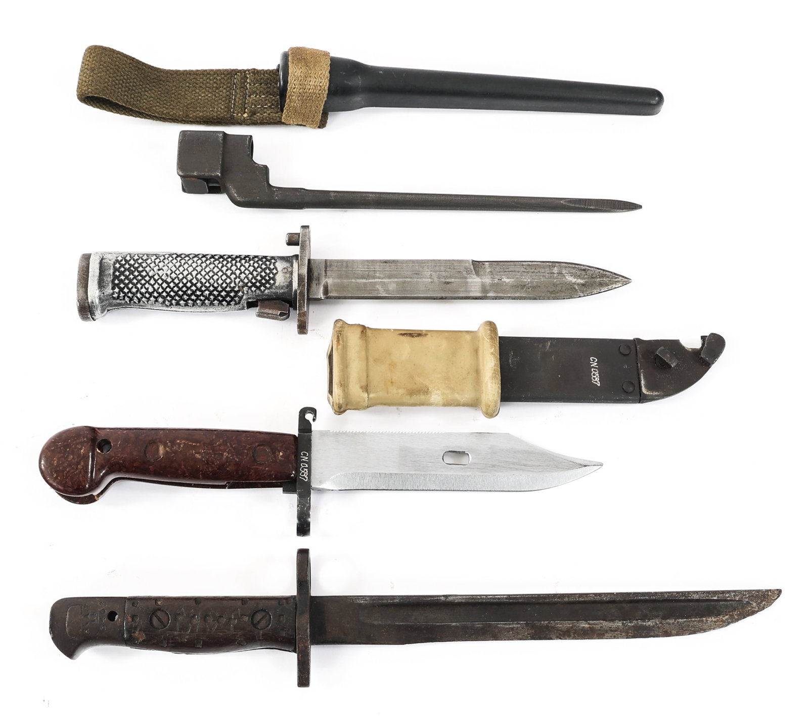 WWI - COLD WAR WORLD MILITARY BAYONETS: WWI - COLD WAR WORLD MILITARY BAYONETS WWI - Cold War World Military Bayonets. (1) British Pattern 1907 Bayonet. Proof marks and "1907" stamped on ricasso. Illegible initials carved into wood grip. Pr