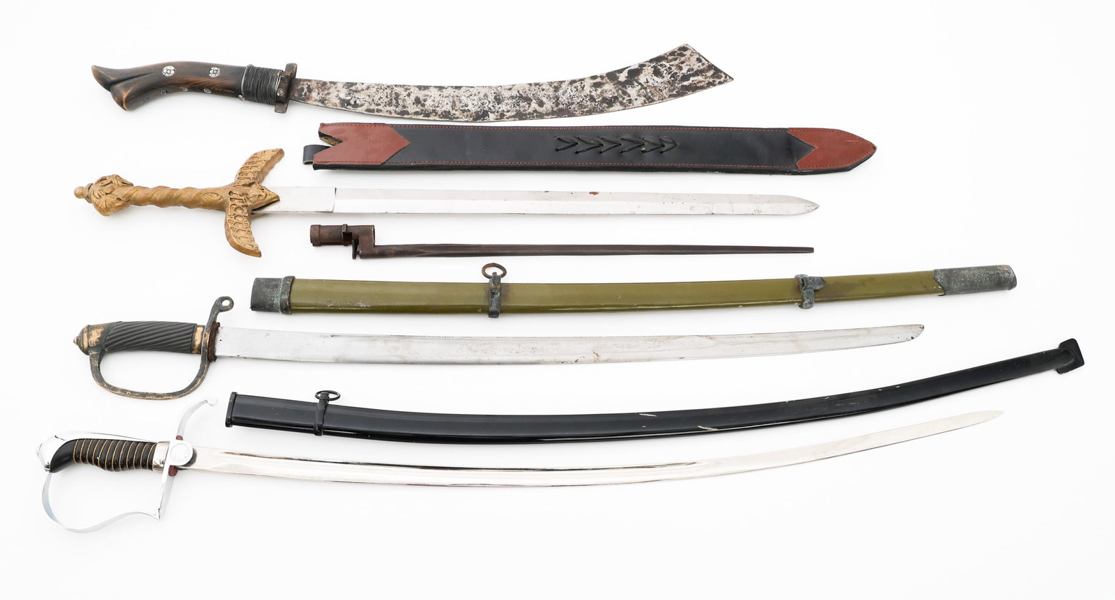 MODERN WORLD SWORDS & BAYONETS: MODERN WORLD SWORDS & BAYONETS Modern World Edged Weapons. Includes Mosin-Nagant bayonet, officer dress sword, Parang Nabur sword, and more. Parang Nabur sword is missing a scabbard. Blade Length: 19 
