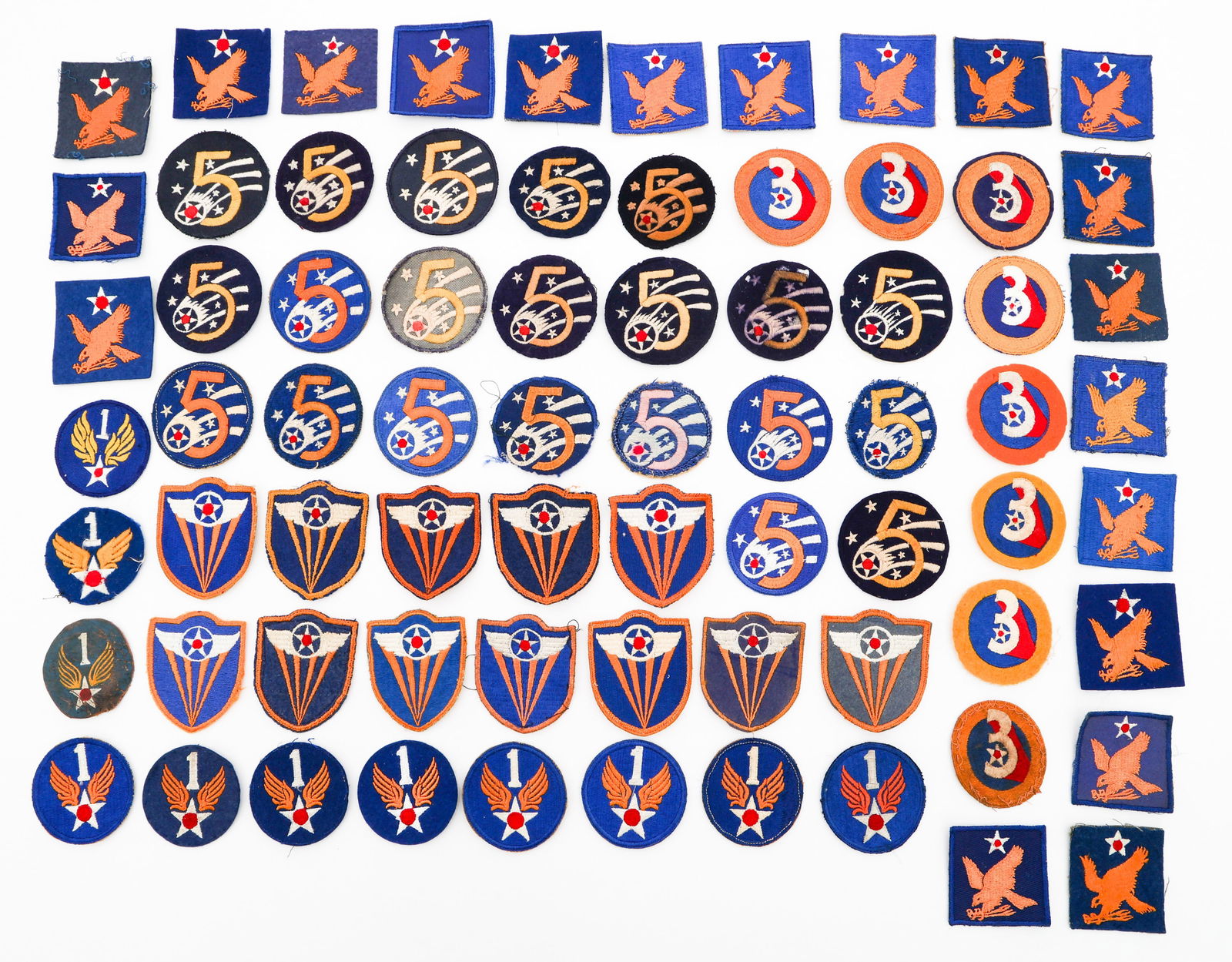 WWII USAAF AIR FORCES COMMAND PATCHES: WWII USAAF AIR FORCES COMMAND PATCHES 70 WWII USAAF Air Forces Patches. Including 1st, 2nd, 3rd, 4th and 5th Air Forces. Full cotton embroidery, cotton on felt, twill and painted leather construction