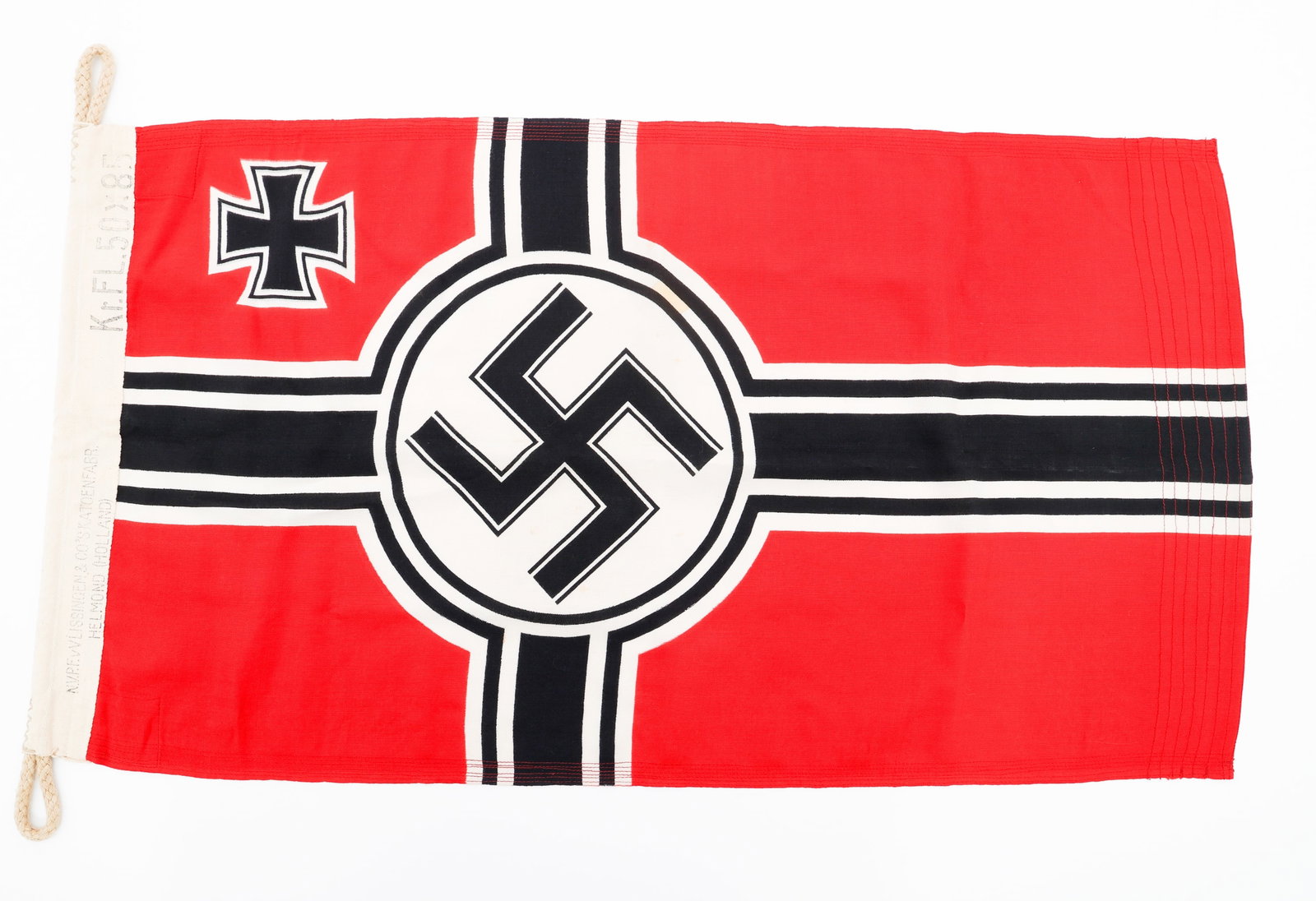 WWII GERMAN KRIEGSMARINE BATTLE FLAG: WWII GERMAN KRIEGSMARINE BATTLE FLAG WWII German Kriegsmarine Battle Flag. Double sided, single-piece construction with printed mobile swastika and Iron Cross. Reinforced Header with halyard and maker