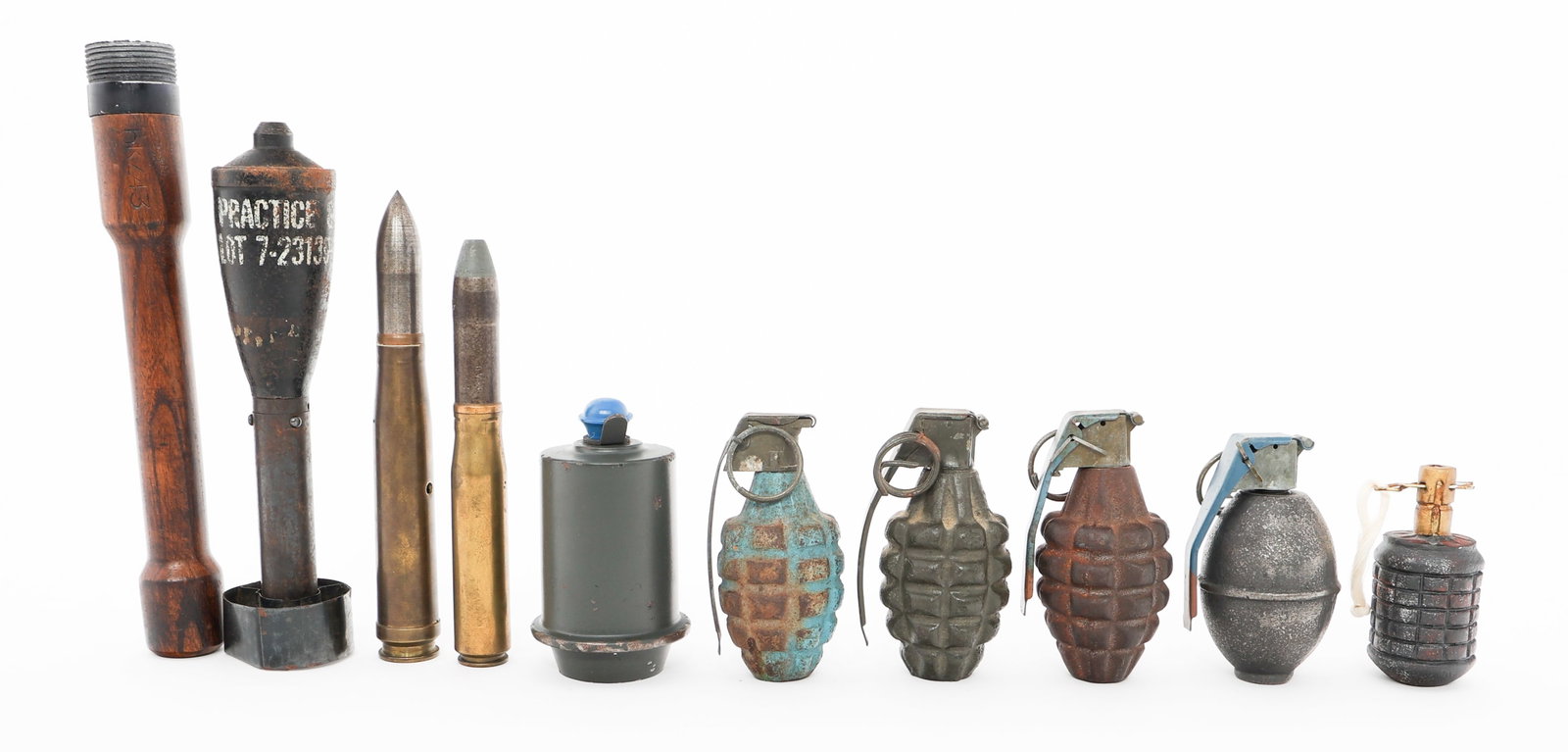 WWII US, JAPANESE, & GERMAN GRENADES & ORDNANCE: WWII US, JAPANESE, & GERMAN GRENADES & ORDNANCE WWII US, German, and Japanese Grenades and Ordnance. Grenades include Japanese Type 97, German M43 Stick Handle, US MkII Pineapple, M43 and M11 Practice