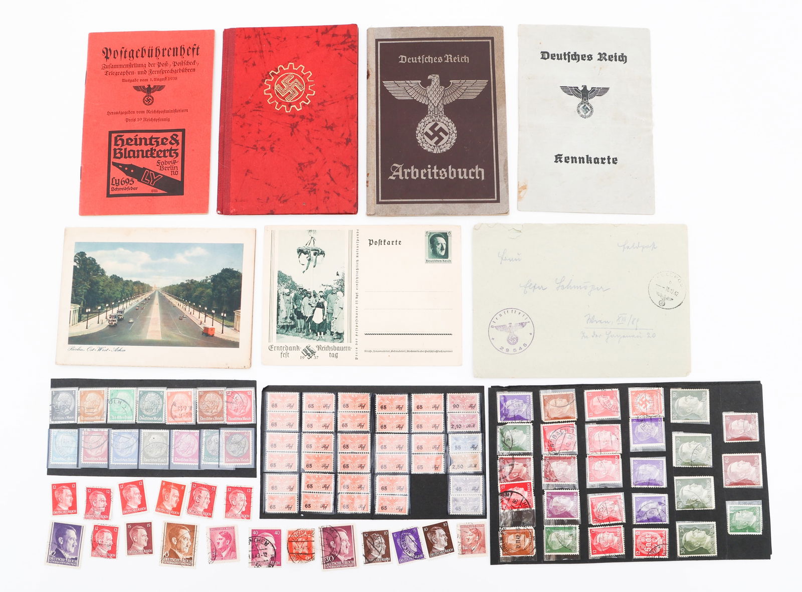WWII GERMAN POSTCARDS, STAMPS, & BOOKLETS: WWII GERMAN POSTCARDS, STAMPS, & BOOKLETS WWII German Postcards, Stamps, and Booklets. Includes assorted Adolf Hitler and Duestche Reich stamps. (5) Original postcards of Berlin and German citizens. (