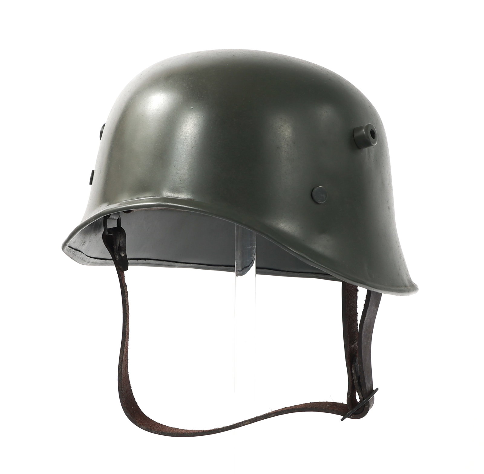 REFURBISHED WWI OTTOMAN M16 MODIFIED COMBAT HELMET: REFURBISHED WWI OTTOMAN M16 MODIFIED COMBAT HELMET Refurbished WWI Ottoman M16 Modified Combat Helmet. Cut visor with rolled rim. Repainted grey with three tab leather liner and chinstrap. No visible 
