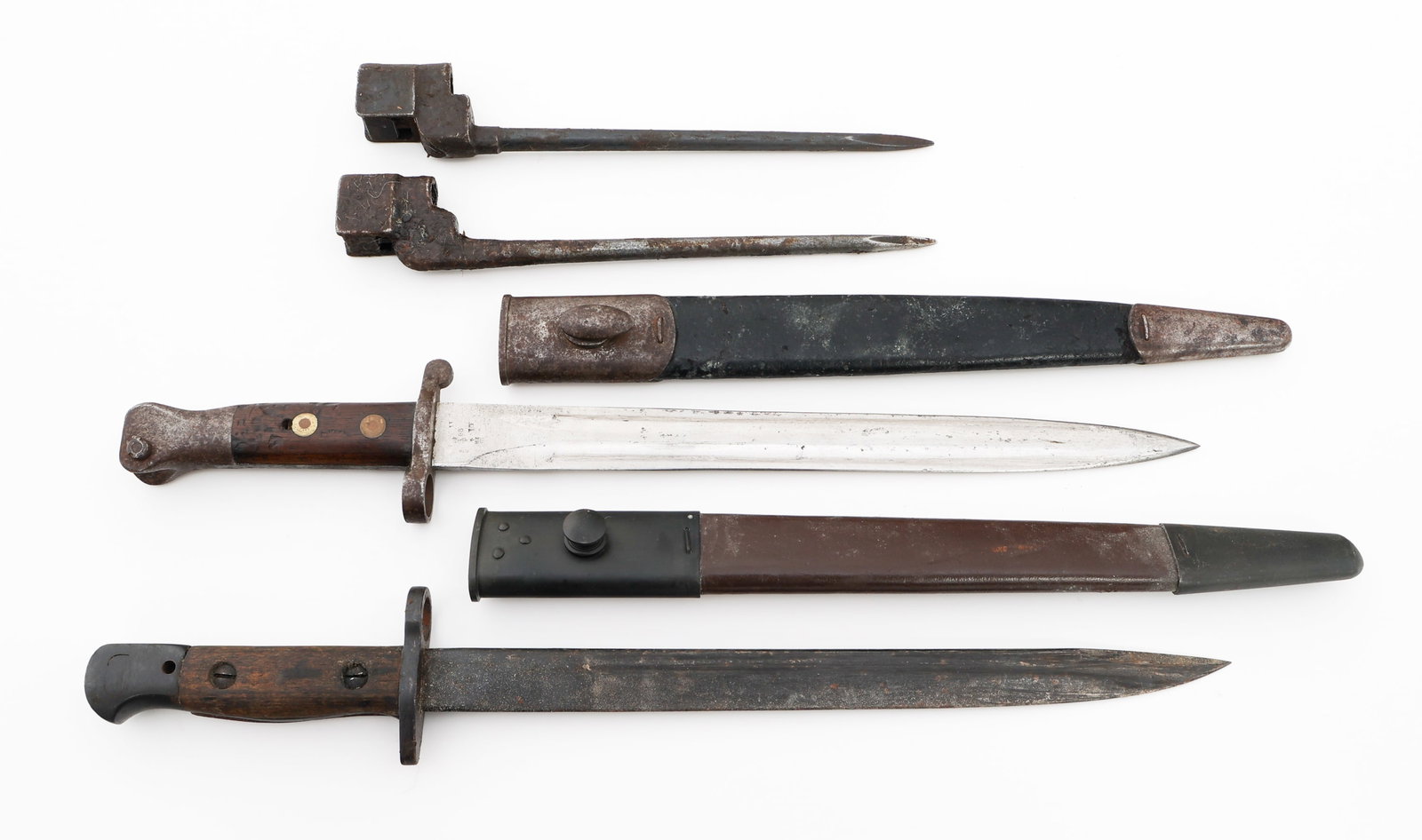 19th C. - WWII BRITISH BAYONETS: 19th C. - WWII BRITISH BAYONETS 19th Century - WWII British Bayonets. (1) Pattern 1888 Bayonet. Leather scabbard with steel fittings. (1) Pattern 1903 Bayonet. Leather scabbard with steel fittings. (2