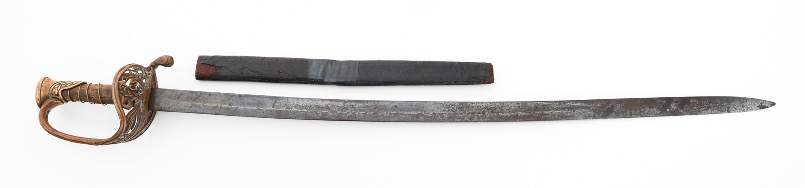 CIVIL WAR CONFEDERATE STAFF & FIELD OFFICER SWORD: CIVIL WAR CONFEDERATE STAFF & FIELD OFFICER SWORD Civil War Confederate Staff and Field Officer Sword. Single edged, slightly curved blade with fuller. No visible maker mark but exhibits features of a