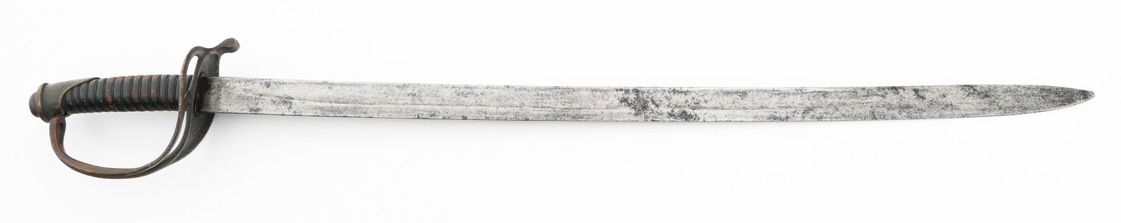 CIVIL WAR CONFEDERATE FOOT OFFICER SWORD by BGM: CIVIL WAR CONFEDERATE FOOT OFFICER SWORD by BGM Civil War Confederate Foot Officer Sword. Single edged, slightly curved blade with fuller. Leather buffer pad present. Brass two branch guard. Marker ma