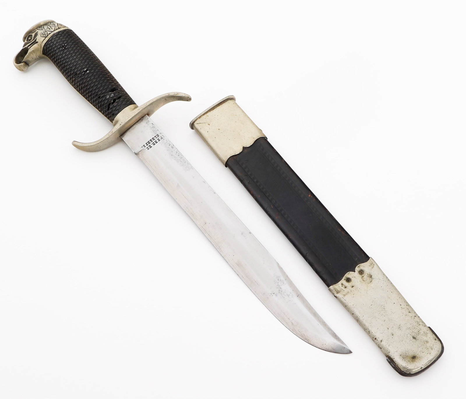 SPAN-AM WAR CUBAN REVOLUTIONARY FIGHTING KNIFE: SPAN-AM WAR CUBAN REVOLUTIONARY FIGHTING KNIFE Spanish American War Cuban Revolutionary Fighting Knife. Single edged, clip-point blade. Maker marks and model number stamped on the ricasso, but faded. 