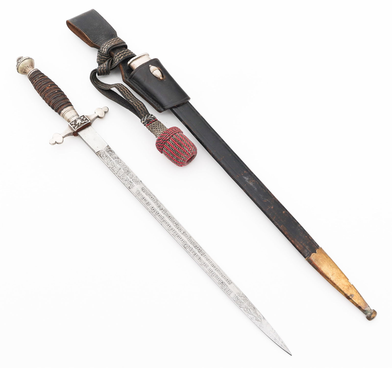 WEIMAR REPUBLIC FIREMAN DEDICATION DAGGER: WEIMAR REPUBLIC FIREMAN DEDICATION DAGGER German Weimar Republic Fireman Dedication Dagger. Double edged, bright blade. Double acid etched with Fireman's ladder and floral patterns on one side of the