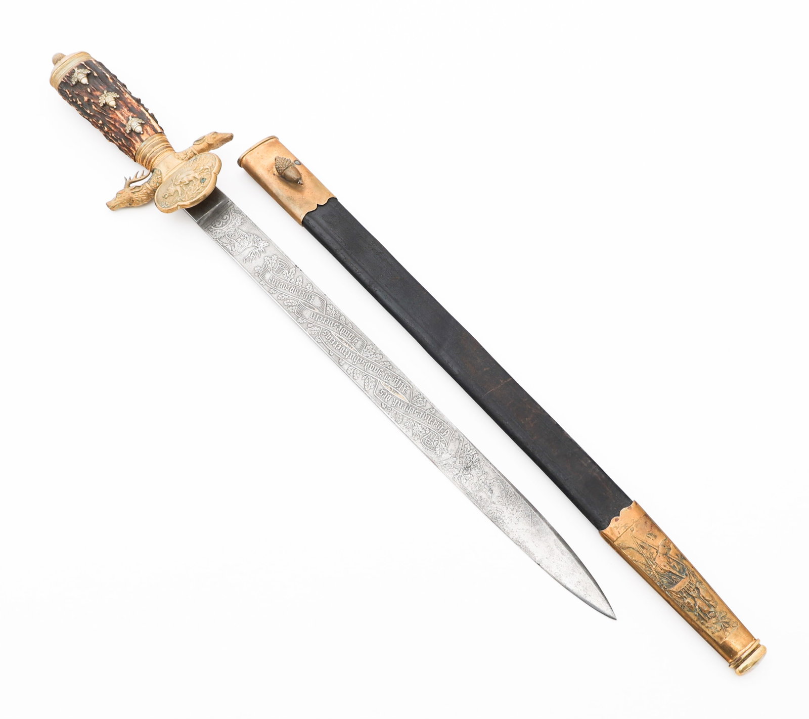 WWI GERMAN PRESENTATION HUNTING DAGGER - EICKHORN: WWI GERMAN PRESENTATION HUNTING DAGGER - EICKHORN WWI Imperial German Presentation Hunting Dagger by Carl Eickhorn. Single edged, bright, triple acid etched blade with fuller. "Eherngeschenk des Allg.