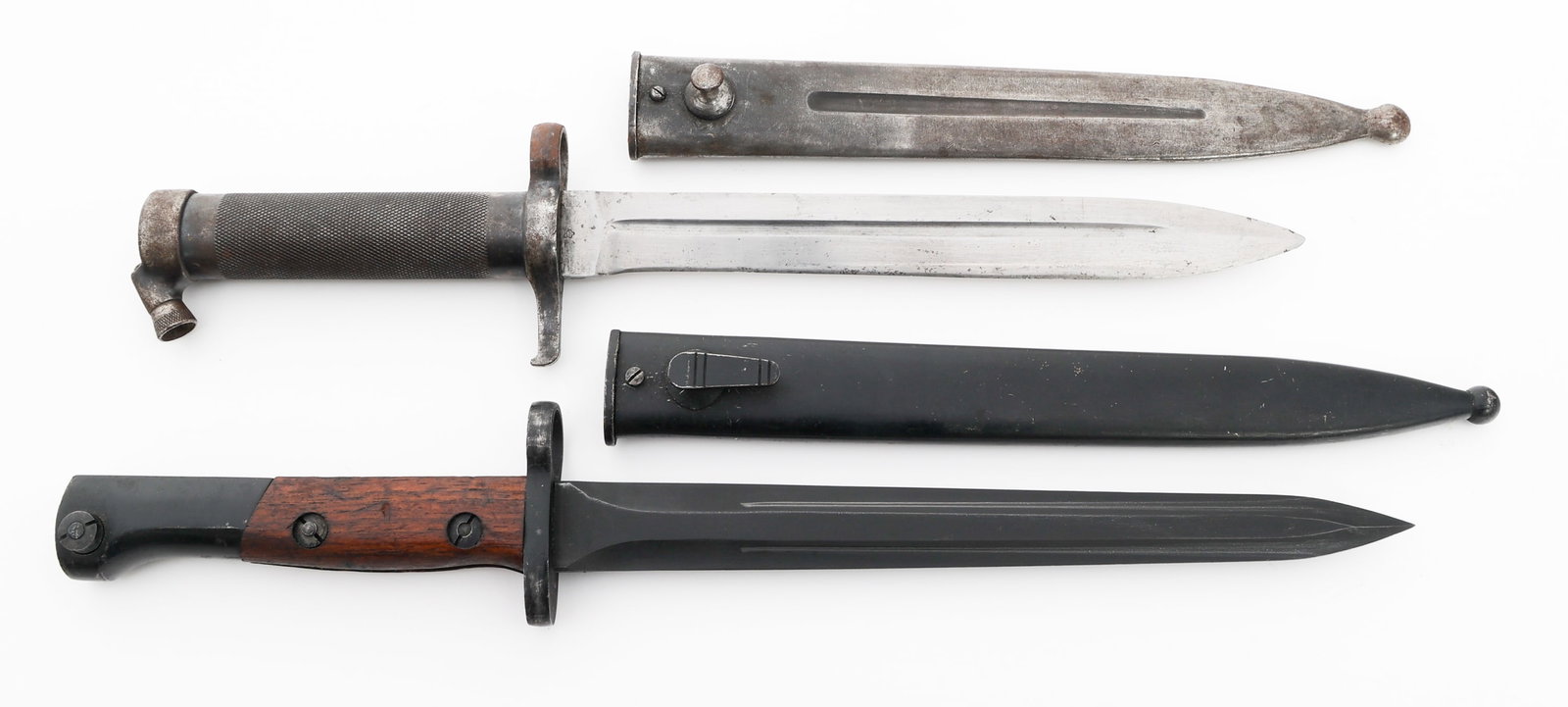 SWEDISH M1896 & BELGIAN M1949 BAYONETS: SWEDISH M1896 & BELGIAN M1949 BAYONETS Swedish M1896 & Belgian M1949 Bayonets. (1) M1896. Single edged, bright blade with fuller. Maker mark by Eskilstuna Jernmanufactur AB and proof marks on the rica