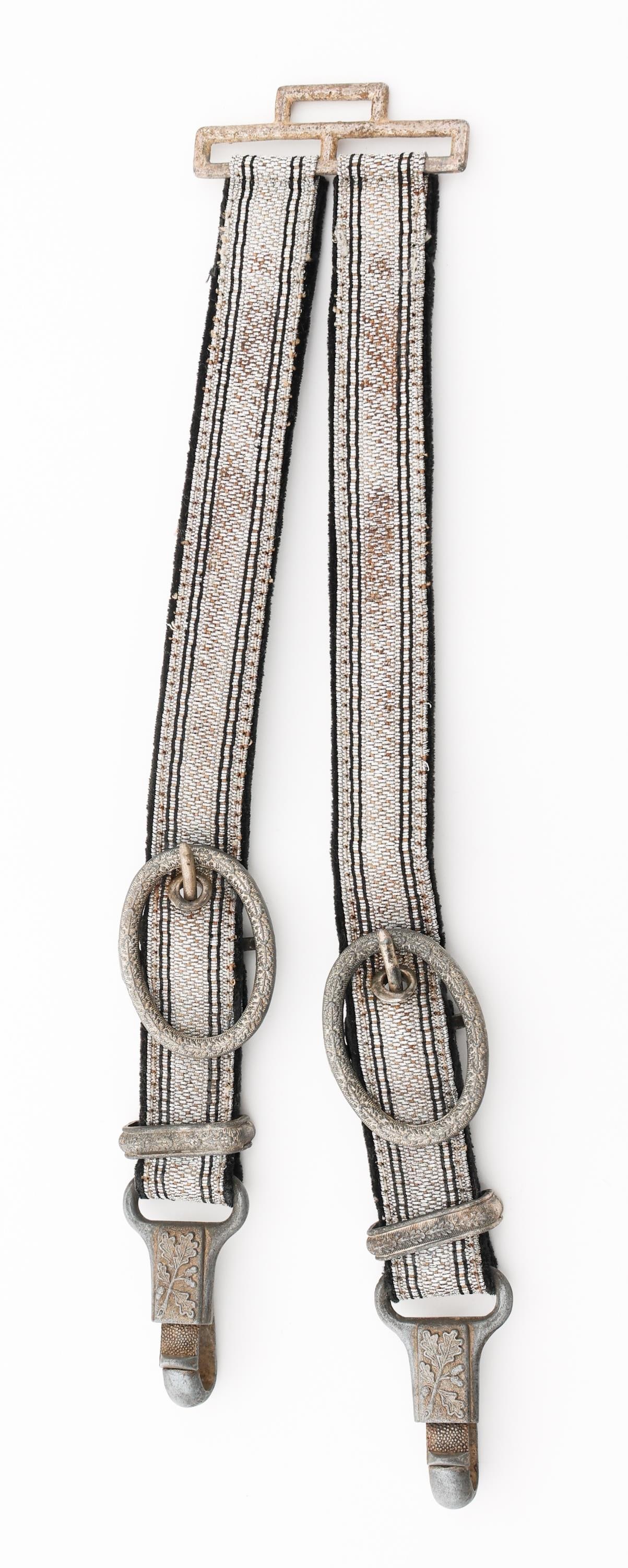 WWII GERMAN RAILWAY 1st MODEL DRESS DAGGER HANGER: WWII GERMAN RAILWAY 1st MODEL DRESS DAGGER HANGER WWII German Railway Officer 1st Model Dress Dagger Hanger. Black and aluminum thread construction with black felt backing. Alloy clips, buckles and ba