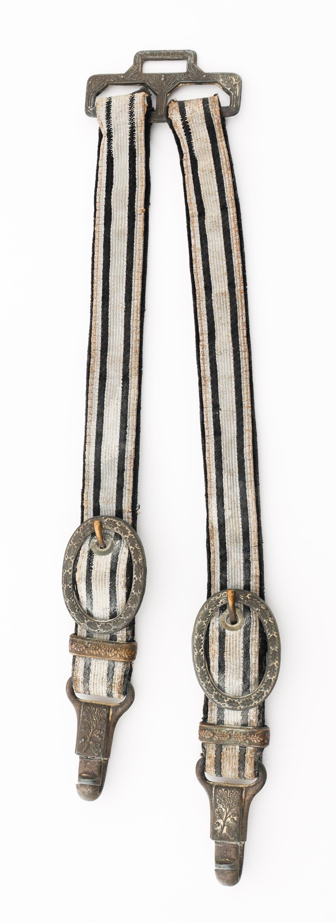 WWII GERMAN RAILWAY 2nd MODEL DELUXE DAGGER HANGER: WWII GERMAN RAILWAY 2nd MODEL DELUXE DAGGER HANGER WWII German Railway Officer M Deluxe Dress Dagger Hanger. Zinc based alloy clips, buckles, and bands decorated with oak leaf designs. "D.R.G.M." stam