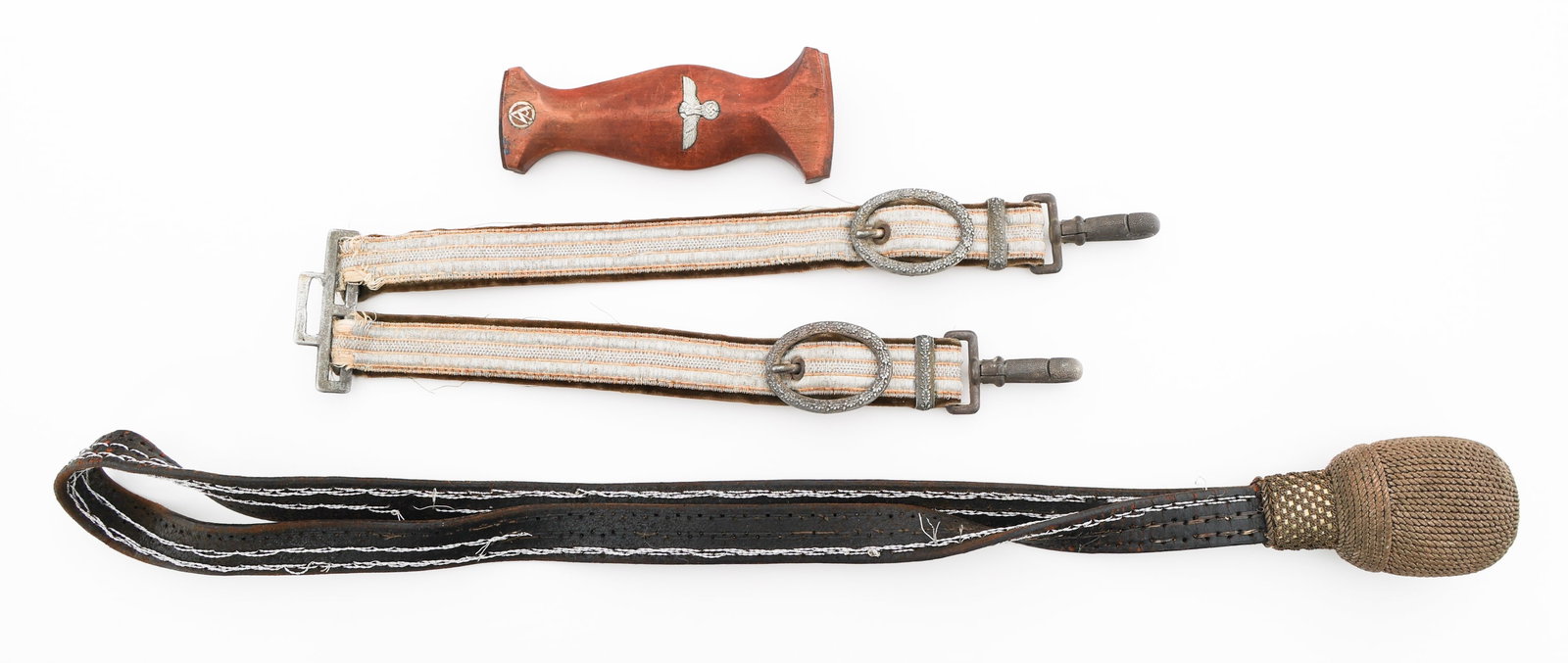 WWII GERMAN SA DAGGER HANDLE, HANGER, & PORTEPEE: WWII GERMAN SA DAGGER HANDLE, HANGER, & PORTEPEE WWII German SA Dagger Handle, Hanger and Portepee. (1) SA Dagger Handle. Wood construction with reichsadler and SA enamel button. (1) EM/NCO Portepee. 