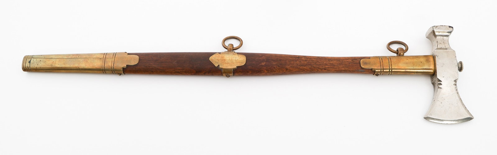 WWII GERMAN FIREMAN'S DRESS AXE: WWII GERMAN FIREMAN'S DRESS AXE WWII German Fireman's Dress Axe. Steel axe head. Wood shaft with brass fittings. No visible marks or stamps visible on shaft or axe head. Total Length: 22 1/2" Provenan